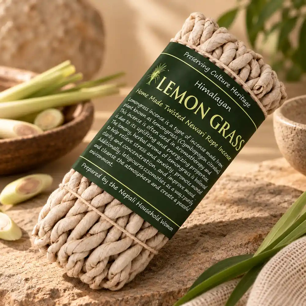 Cordes d'encens citronnelle pur herbes himalayennes emballage papier riz présentation luxe
