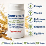 Cordyceps bio 500mg 60 gélules Qualidiet - Flacon avec bénéfices énergie et vitalité