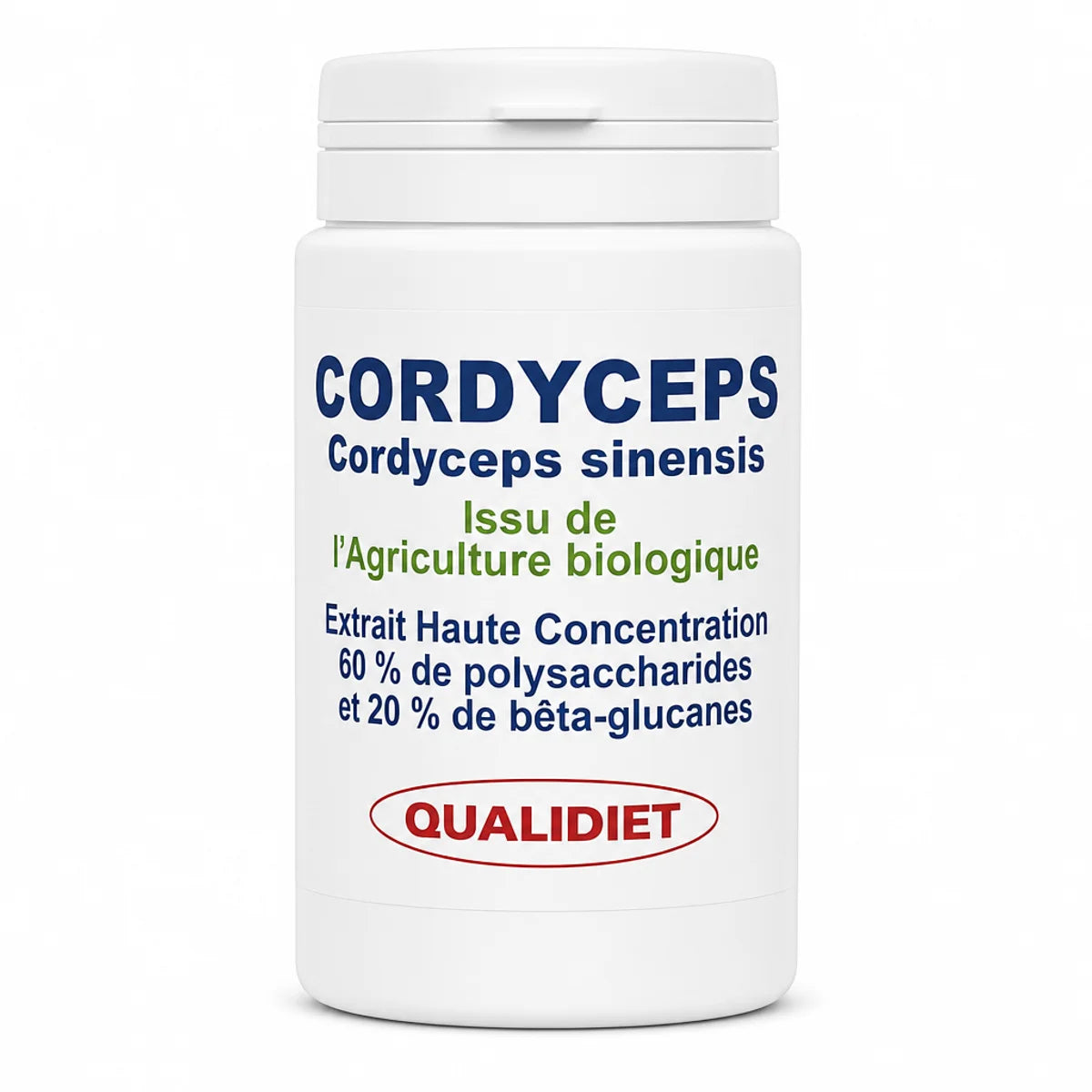 Bouteille Cordyceps bio extrait 500mg 60 gélules Qualidiet fond blanc