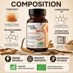 Bouteille Cordyceps French Mush 56 gélules avec composition, ingrédients et certifications bio affichés