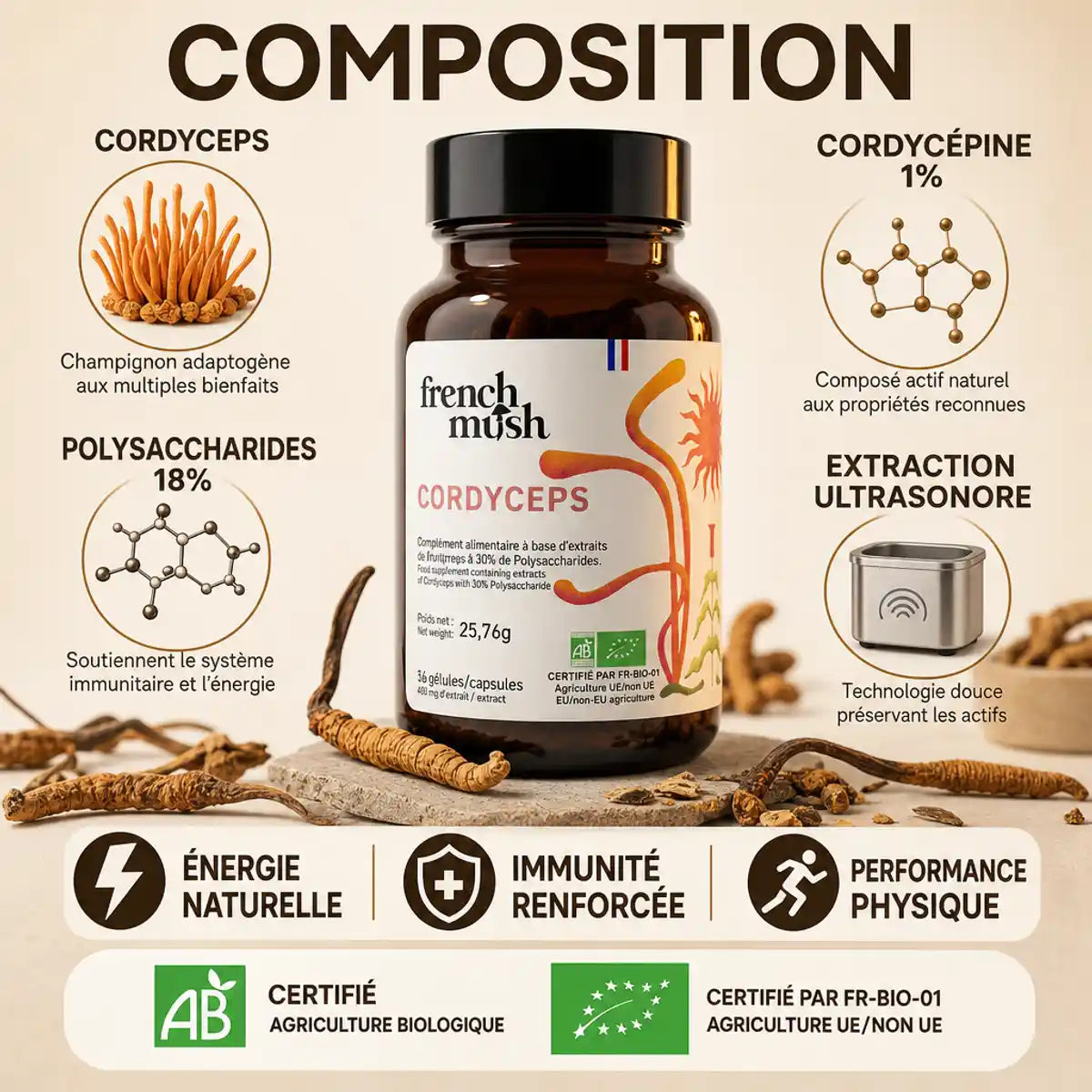 Bouteille Cordyceps French Mush 56 gélules avec composition, ingrédients et certifications bio affichés