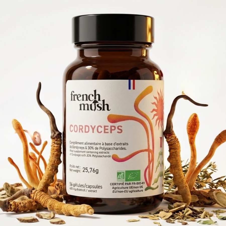 Une boite de 56 gélules de cordyceps de la marque French mush
