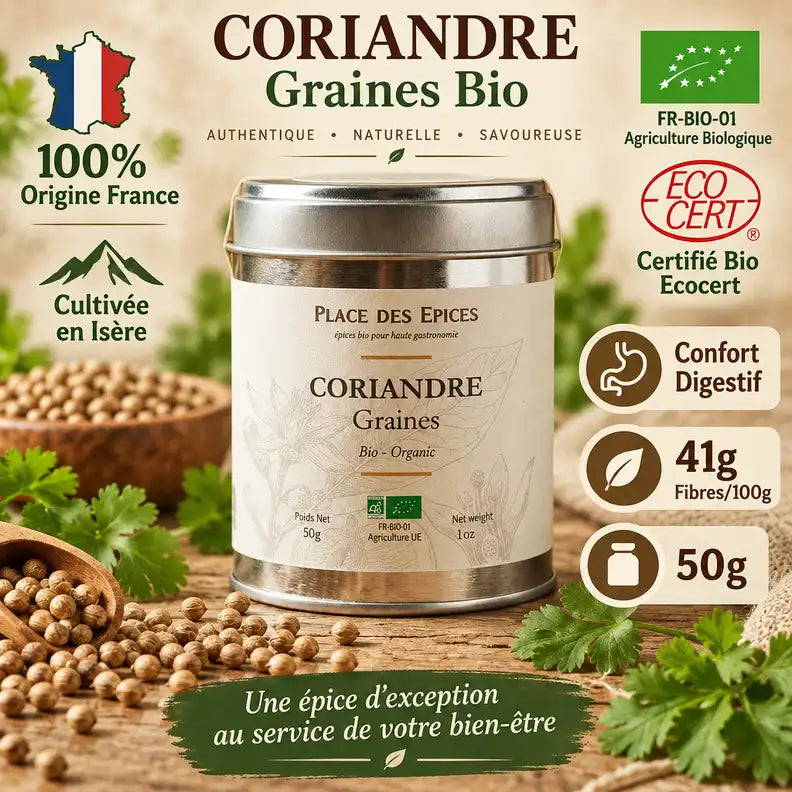 Coriandre Graines Bio 50g Place des Épices - Boîte métallique certifiée France avec feuilles fraîches