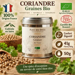 Coriandre Graines Bio 50g Place des Épices - Boîte métallique certifiée France avec feuilles fraîches