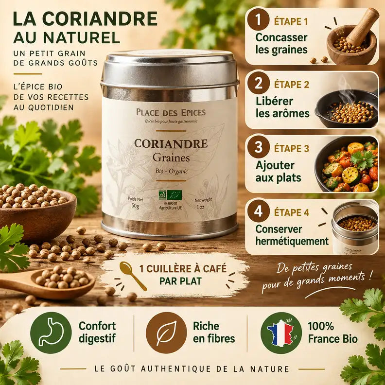 Coriandre graines bio 50g - boîte métallique Place des épices avec guide d'utilisation et bénéfices