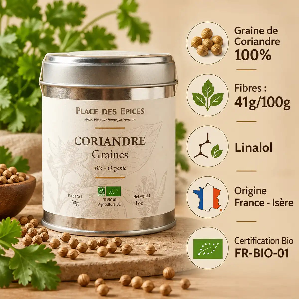 Coriandre Graines Bio 50g Place des Épices - boîte metal avec graines et composition nutritionnelle