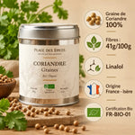 Coriandre Graines Bio 50g Place des Épices - boîte metal avec graines et composition nutritionnelle