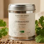 Graines de coriandre bio 50g Place des épices dans boîte métallique avec feuilles fraîches