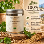 Coriandre moulue bio 50g Place des épices en boîte avec feuilles de coriandre frais et graines
