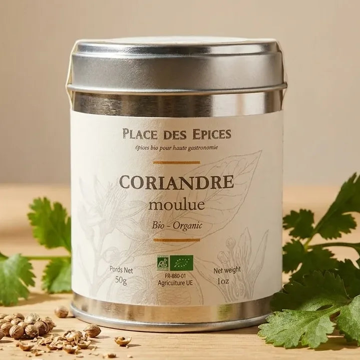 Coriandre moulue bio 50g Place des épices avec feuilles fraîches et graines