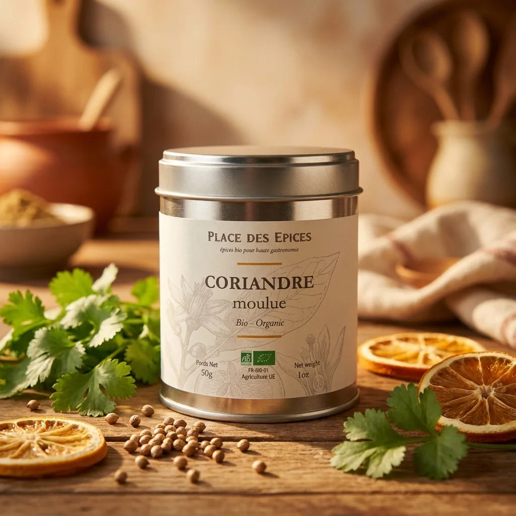 Coriandre Moulue Bio 50g Place des épices sur bois avec feuilles fraîches et agrumes