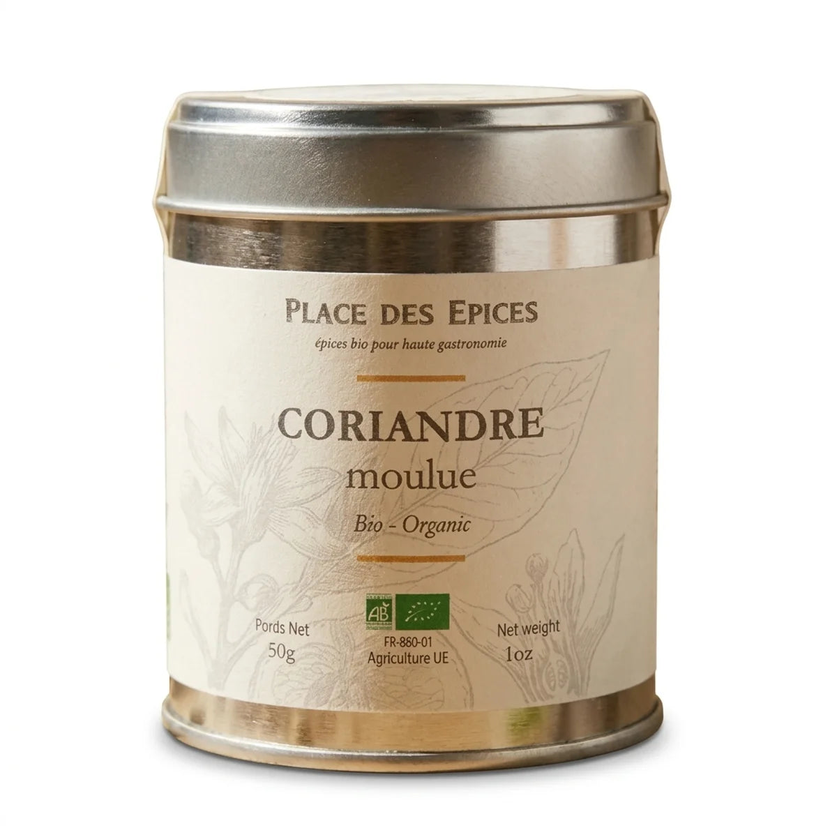 Boîte de coriandre moulue bio 50g Place des épices avec label crème et certification