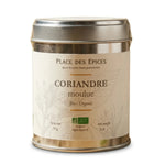 Boîte de coriandre moulue bio 50g Place des épices avec label crème et certification