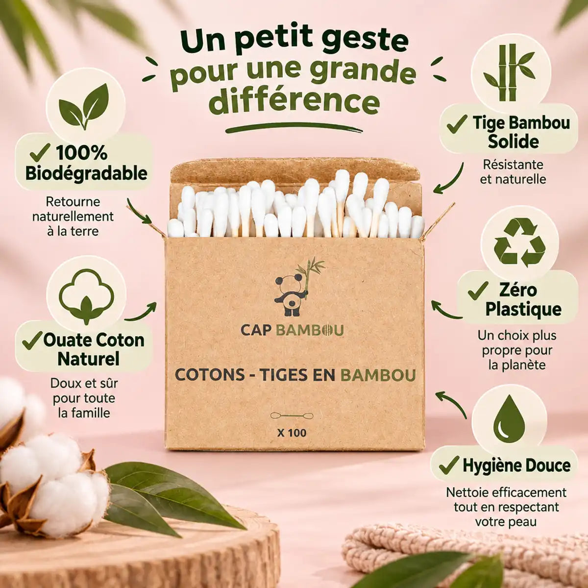 Cotons tiges bambou Cap Bambou 100% biodégradables - zéro plastique et tige solide