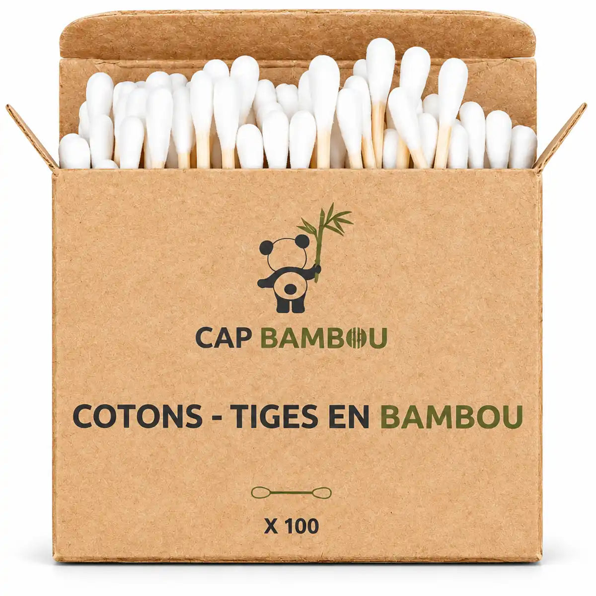 Boîte de 100 cotons-tiges Cap Bambou en kraft avec embout coton blanc sur fond blanc