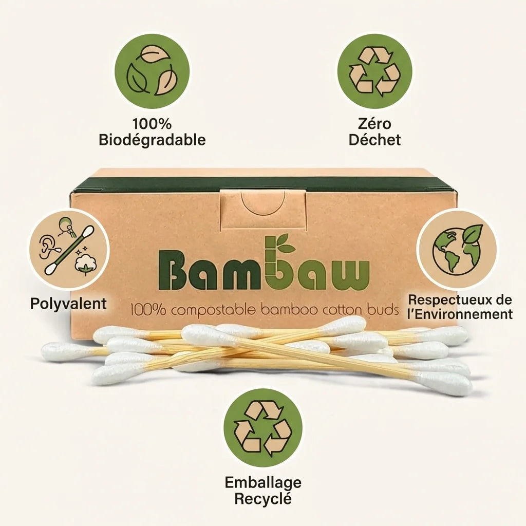 Boîte Bambaw 200 cotons tiges biodégradables avec icônes zéro déchet et respectueux environnement