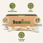 Boîte Bambaw 200 cotons tiges biodégradables avec icônes zéro déchet et respectueux environnement