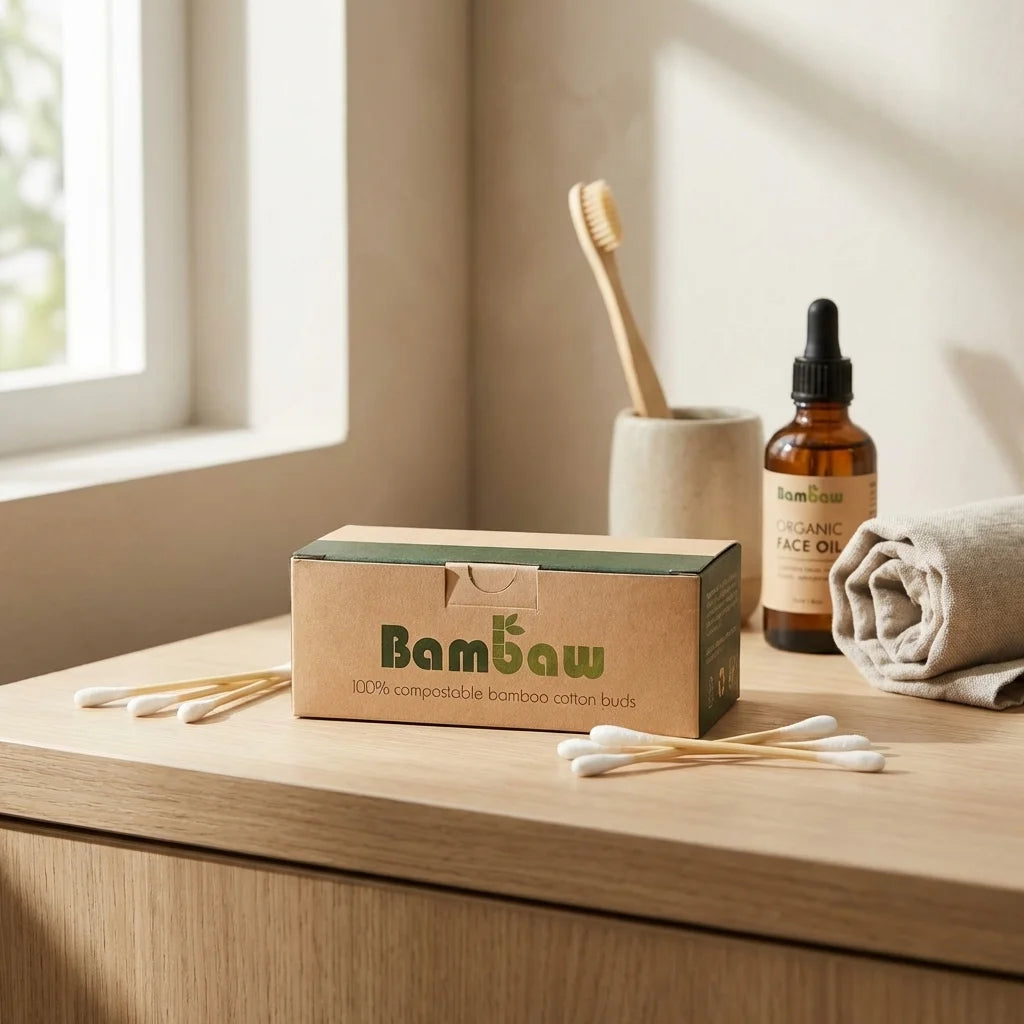 Boîte de 200 cotons-tiges bambaw compostables dans salle de bain écologique avec accessoires durables