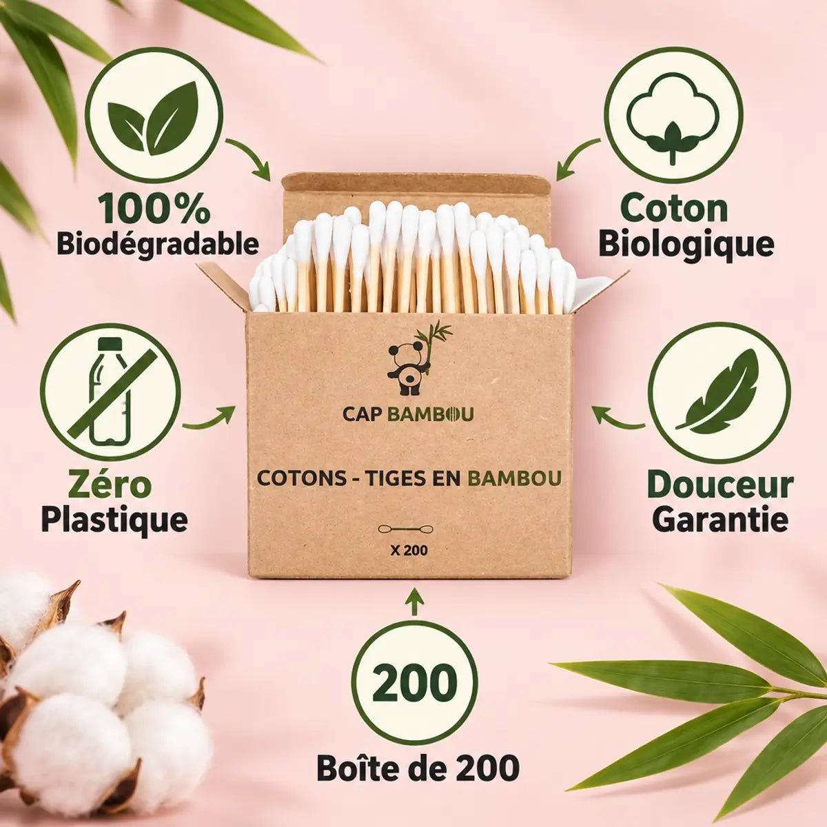 Boîte de 200 cotons tiges Cap Bambou biodégradables avec bâtonnets en bambou et coton biologique