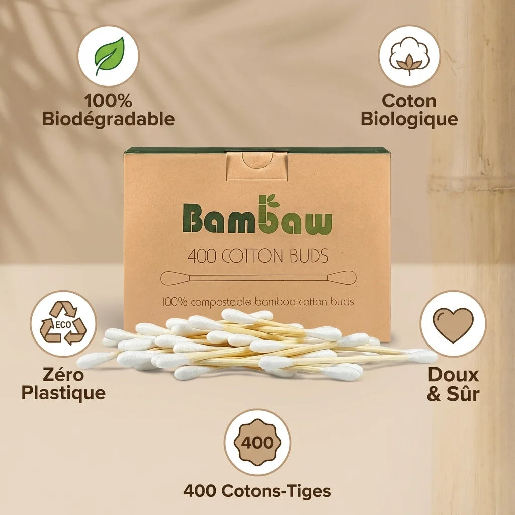 Boîte cotons-tiges Bambaw 400 biodégradables avec bénéfices écologiques et coton biologique