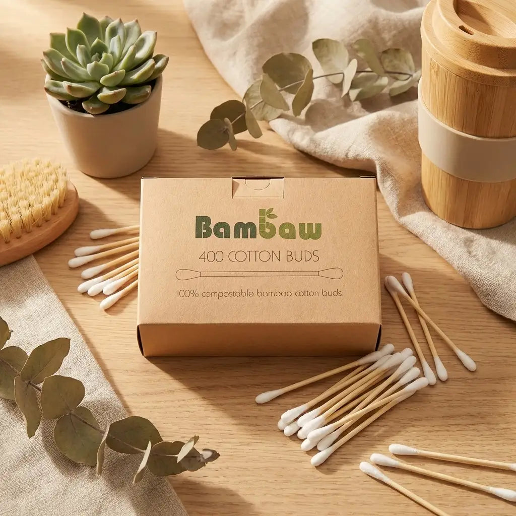 Boîte de 400 cotons tiges Bambaw écologiques en bambou sur un bureau durable