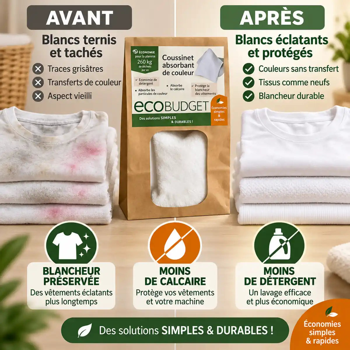 Coussinet absorbant Polarity Wash avant/après : blancheur préservée, moins de calcaire et détergent