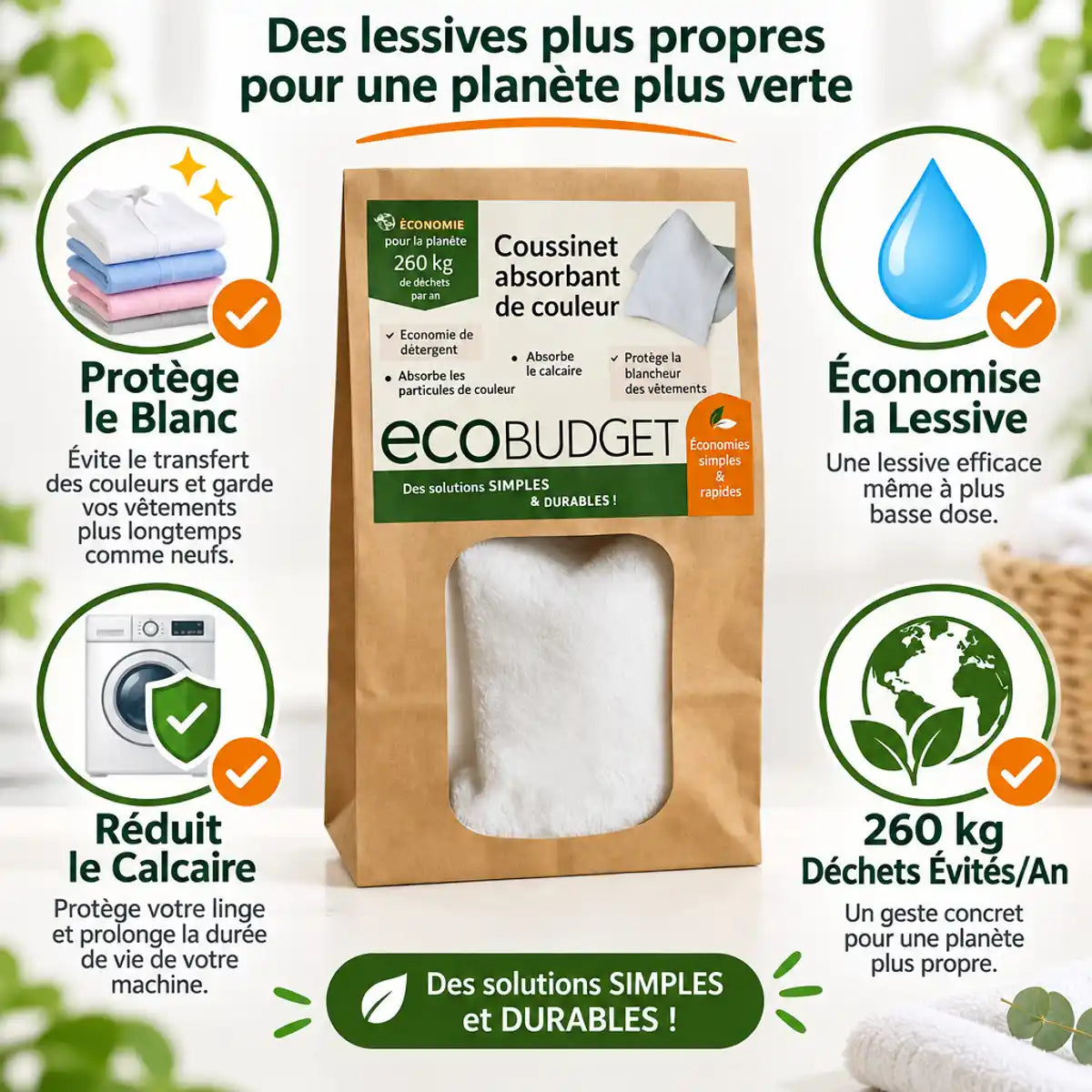 Coussinet Absorbant Polarity Wash avec bénéfices : protection blanc, économies lessive, réduction calcaire
