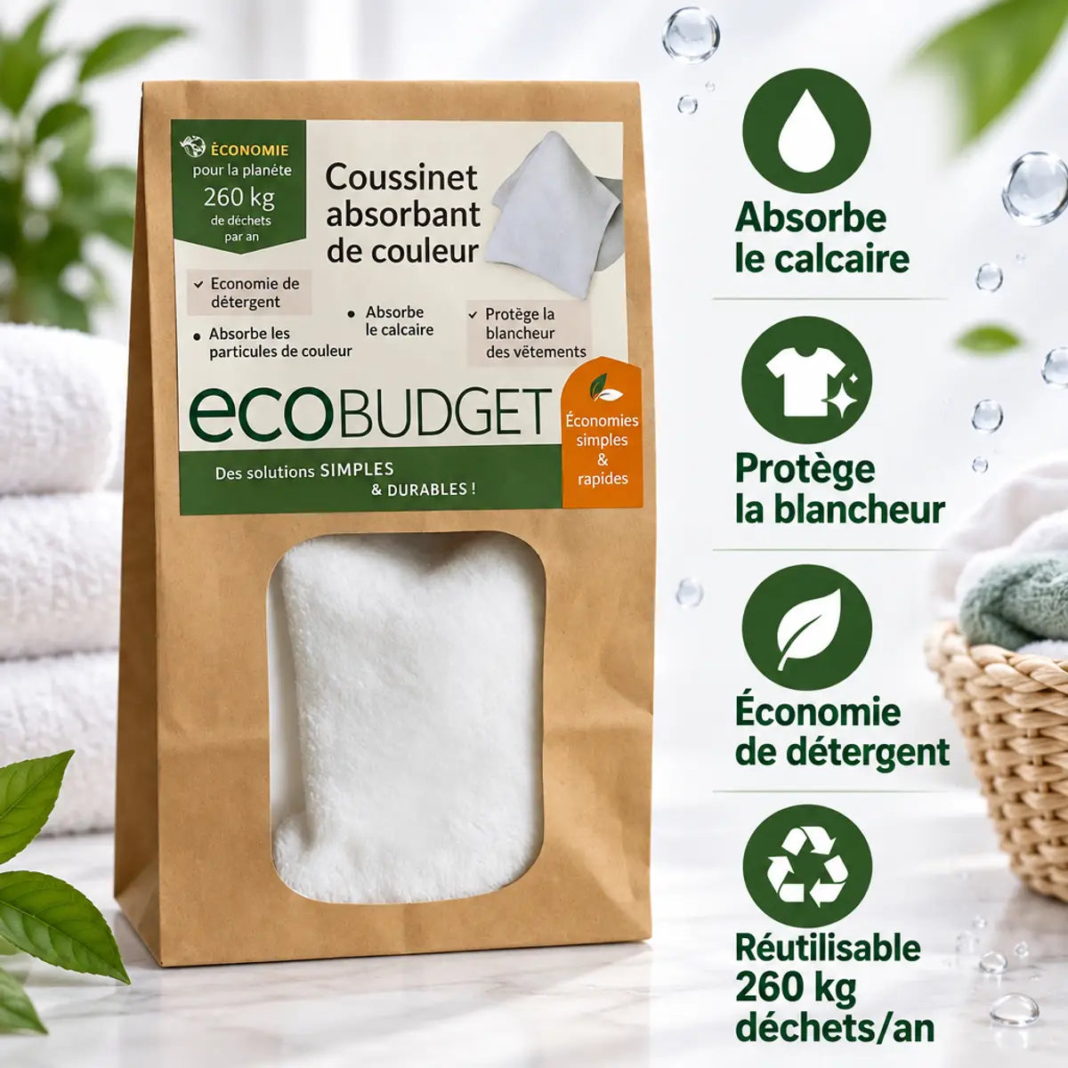 Coussinet Absorbant Polarity Wash JP Nature - Emballage kraft réutilisable avec infographie lavage écologique