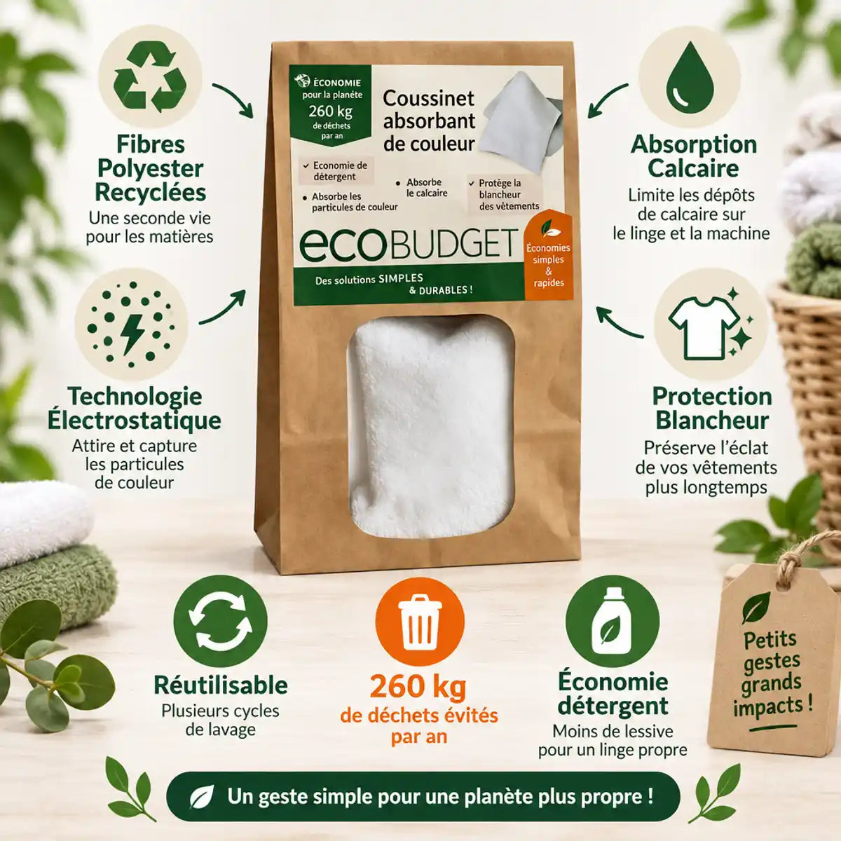 Coussinet absorbant Polarity Wash avec emballage kraft et infographie des ingrédients écologiques