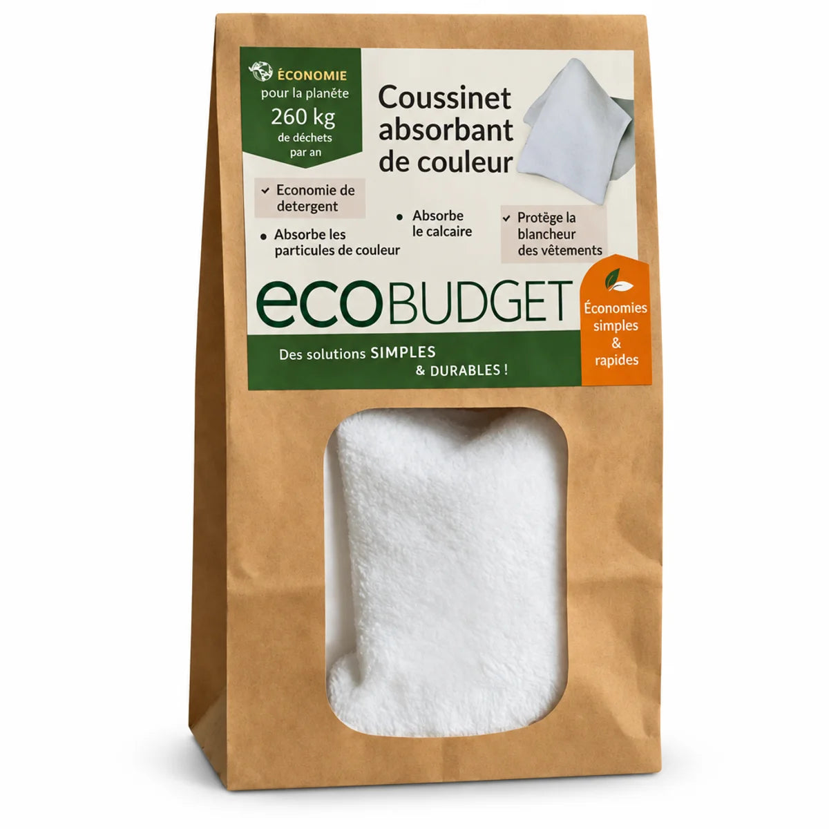 Coussinet absorbant Polarity Wash JP Nature en sachet kraft avec fenêtre transparente sur fond blanc