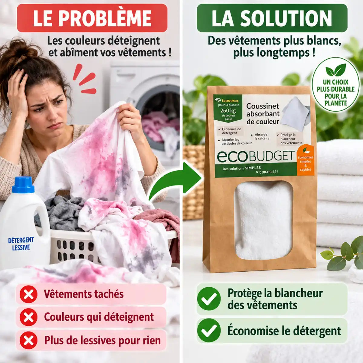 Coussinet absorbant Polarity Wash avant/après : vêtements blancs protégés du détachement de couleur