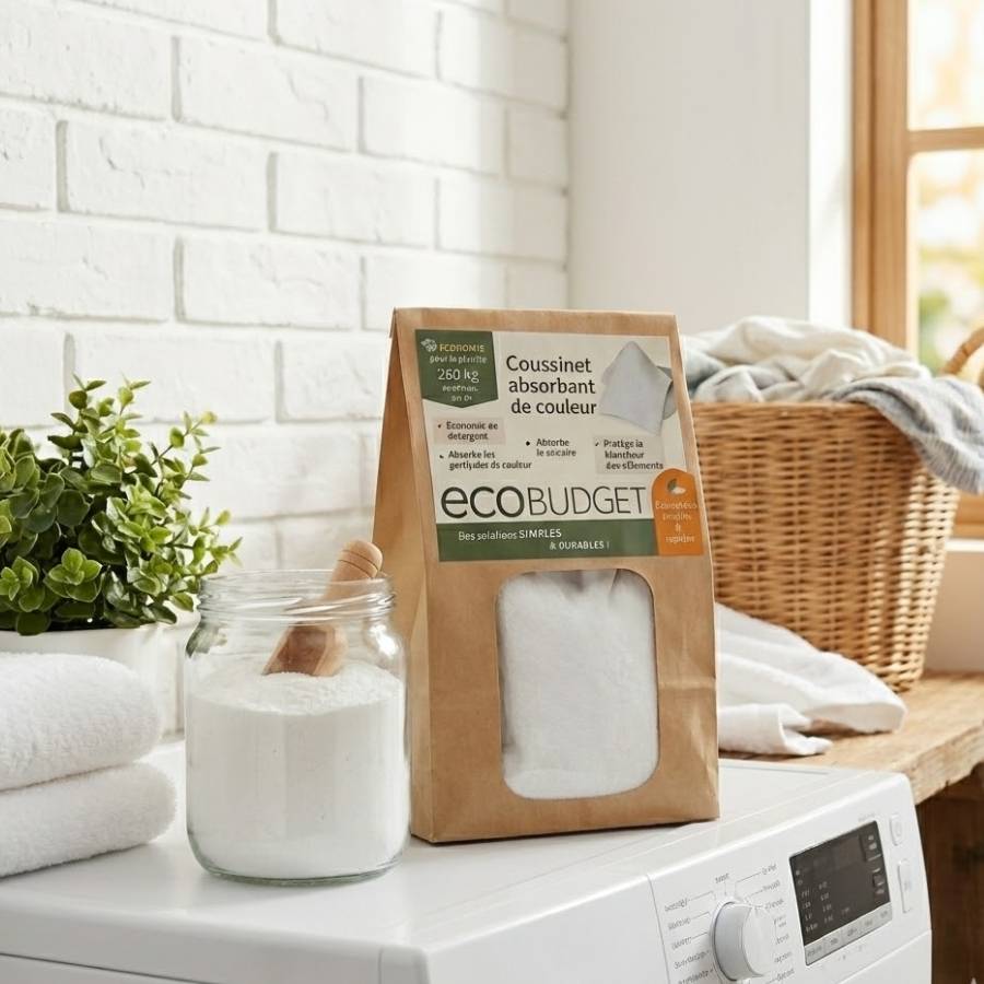 Un pack de coussinet absorbant de couleur polarity wash de la marque Eco budget posé sur une machine à laver le linge