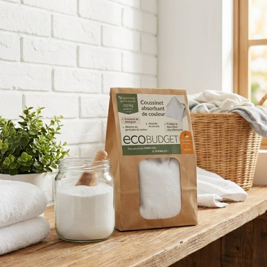 Un pack de coussinet absorbant de couleur polarity wash de la marque Eco budget posé sur un plan de travail en bois