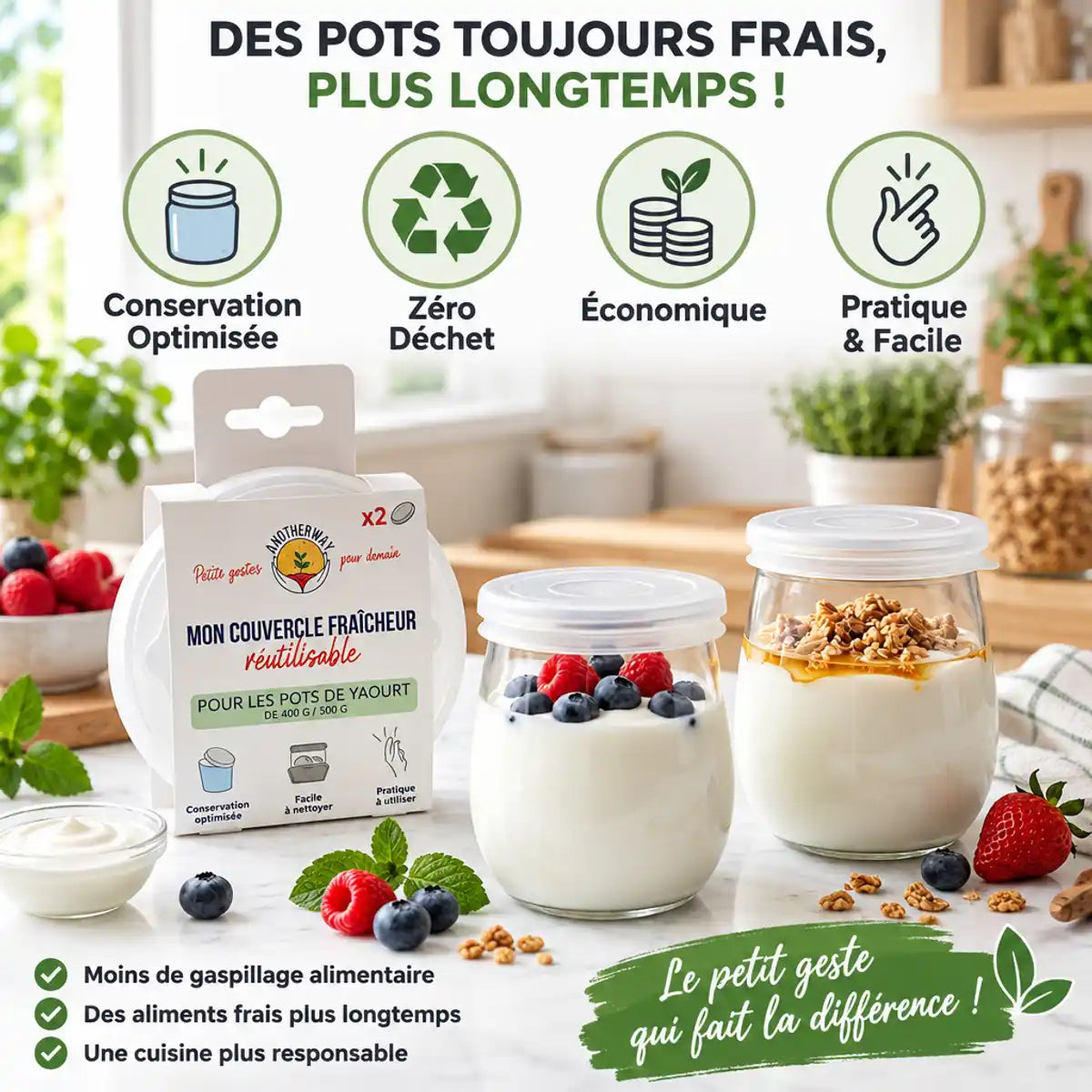 Couvercles silicone réutilisables lot de 2 Anotherway avec bénéfices zéro déchet et conservation