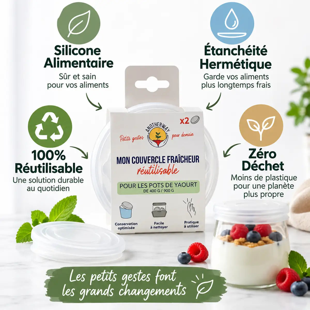 Couvercle fraîcheur réutilisable silicone lot de 2 Anotherway zéro déchet étanchéité hermétique