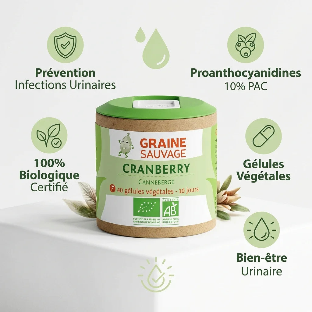 Cranberry Bio Graine Sauvage - 40 gélules pour prévention infections urinaires, packaging certifié biologique
