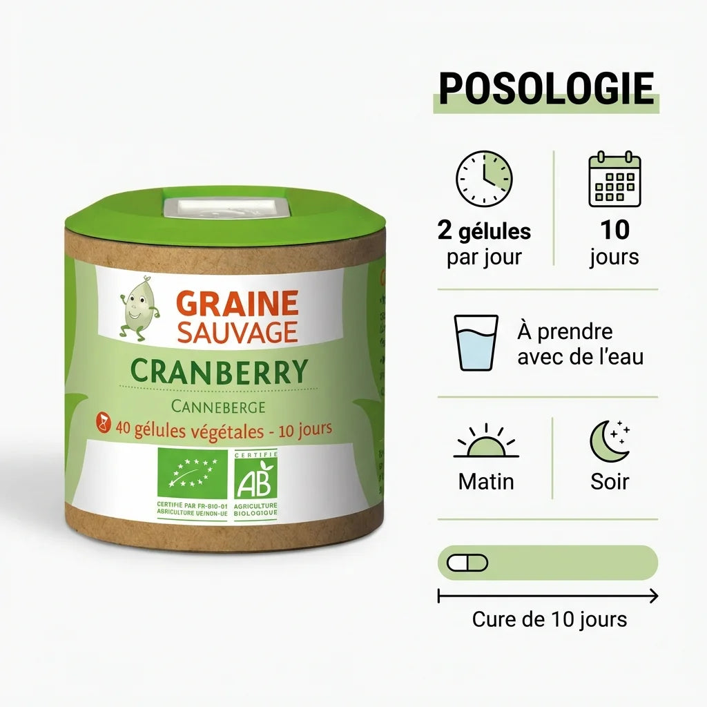 Cranberry Bio Graine Sauvage - flacon et posologie 2 gélules par jour pour infections urinaires