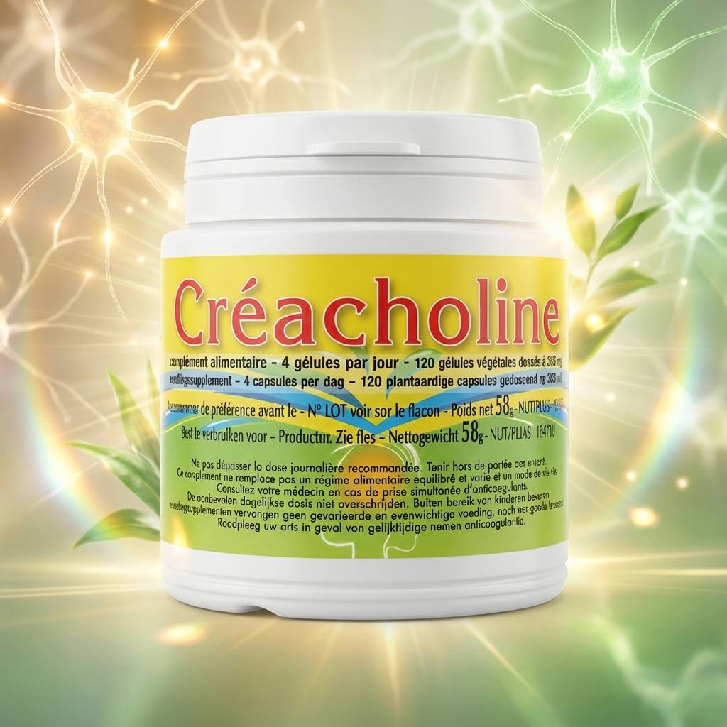 Créacholine Jade Recherche 120 gélules - supplément cerveau et mémoire en flacon avec étiquette jaune-vert