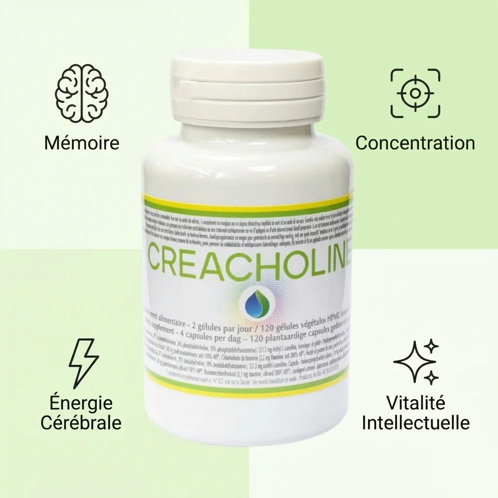Créacholine Jade Recherche 120 gélules avec icônes bénéfices mémoire, concentration et énergie cérébrale