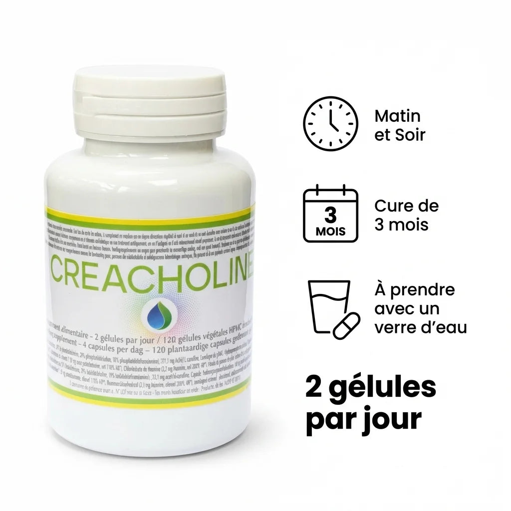 Créacholine Jade Recherche 120 gélules - flacon avec posologie 2 gélules par jour, cure 3 mois