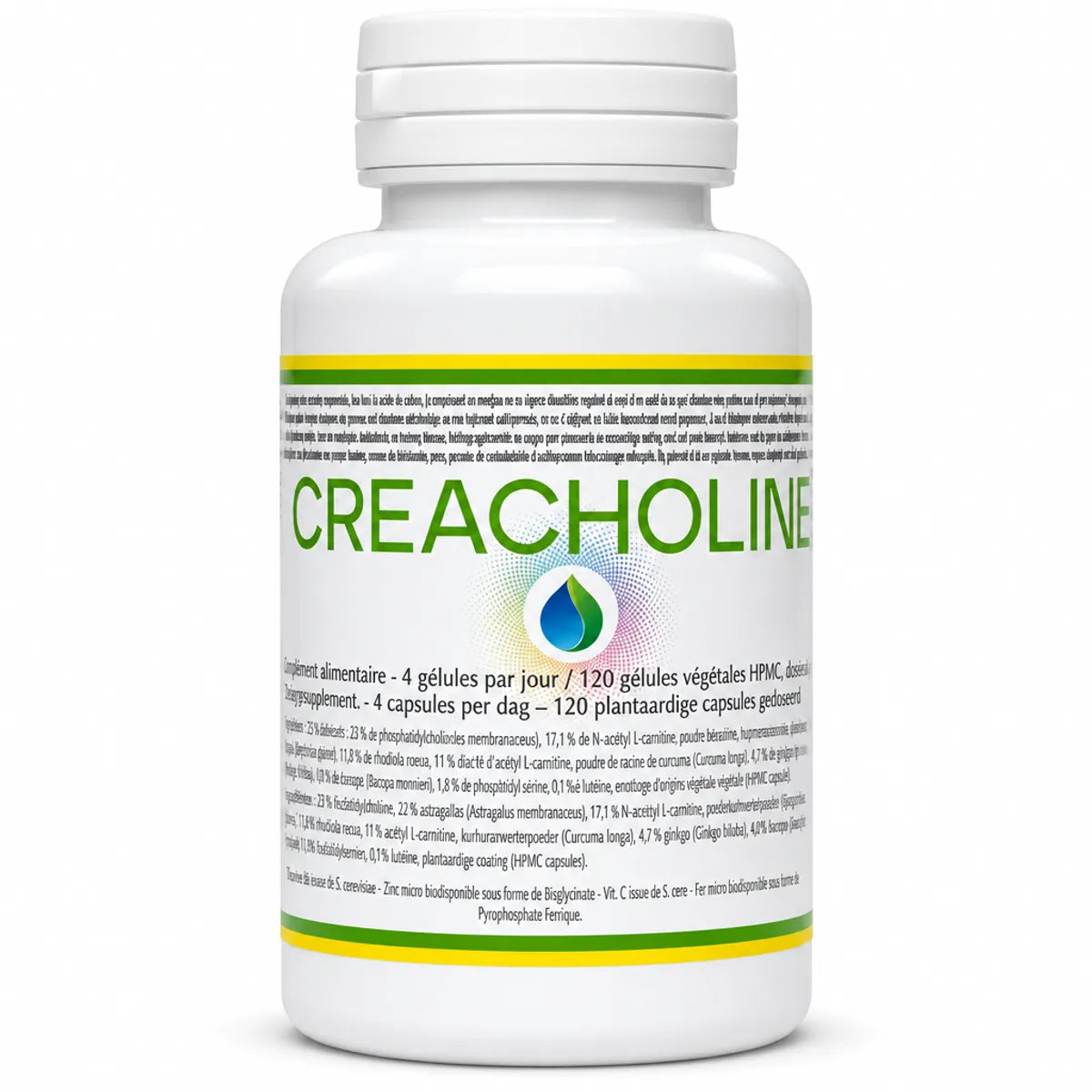 Flacon de complément Créacholine de Jade Recherche, 120 gélules, avec étiquette verte et jaune sur fond blanc