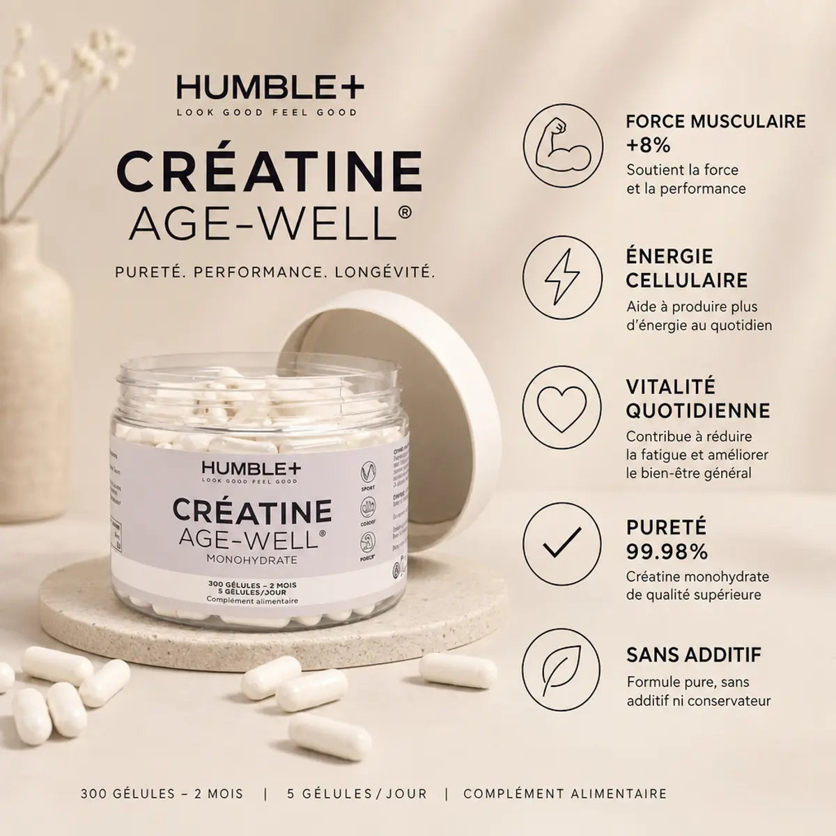 Créatine AGE-WELL 300 gélules Humble+ avec bénéfices force musculaire et énergie cellulaire