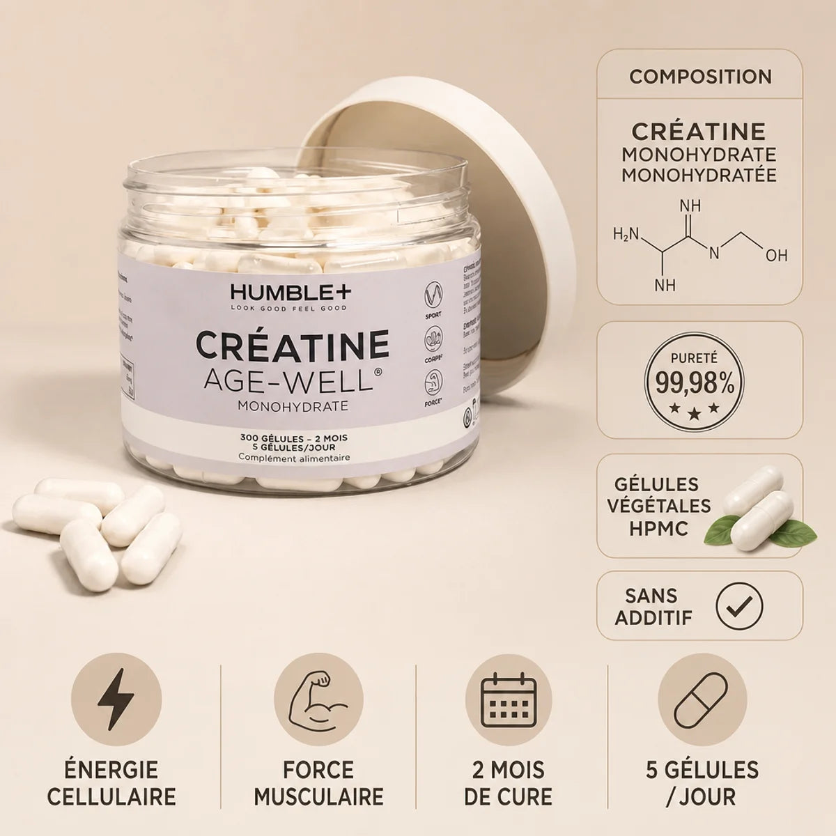 Créatine AGE-WELL 300 gélules Humble+ - Complément force musculaire et énergie cellulaire
