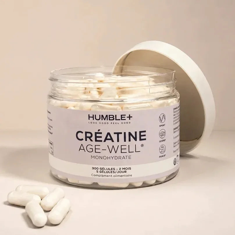 Créatine AGE-WELL 300 gélules Humble+ en pot avec capsules, fond neutre beige