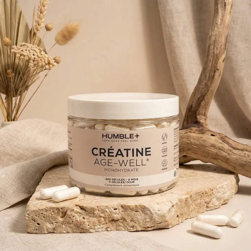 Créatine AGE-WELL Humble+ 300 gélules - Pot blanc avec gélules sur fond beige