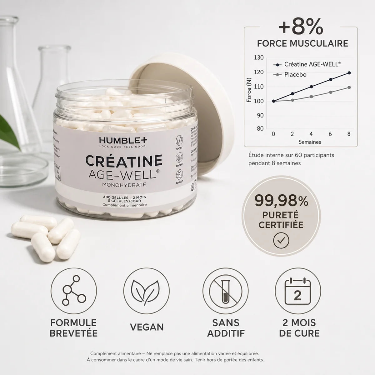 Créatine AGE-WELL Humble+ 300 gélules - Formule brevetée vegan 99,98% pure