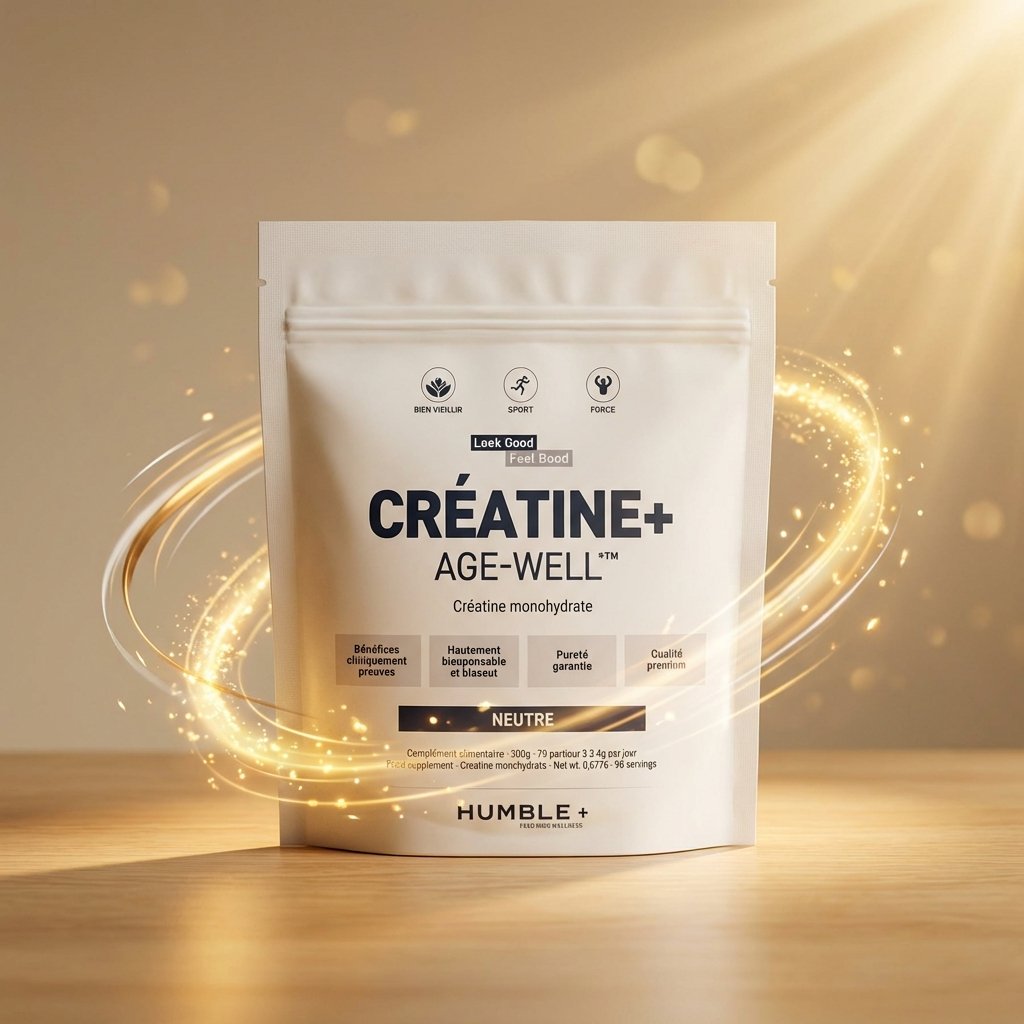 Créatine+ AGE-WELL 300g Humble+ sur surface bois, studio professionnel, design premium bien-être