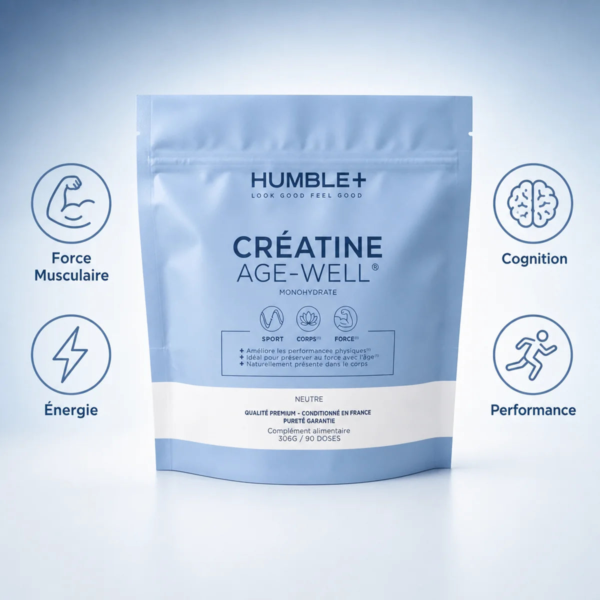 Créatine AGE-WELL Humble+ 300g avec icônes force musculaire, cognition, énergie et performance