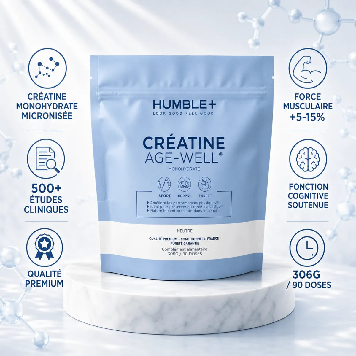 Créatine Humble+ AGE-WELL 300g poudre monohydrate micronisée pour force musculaire