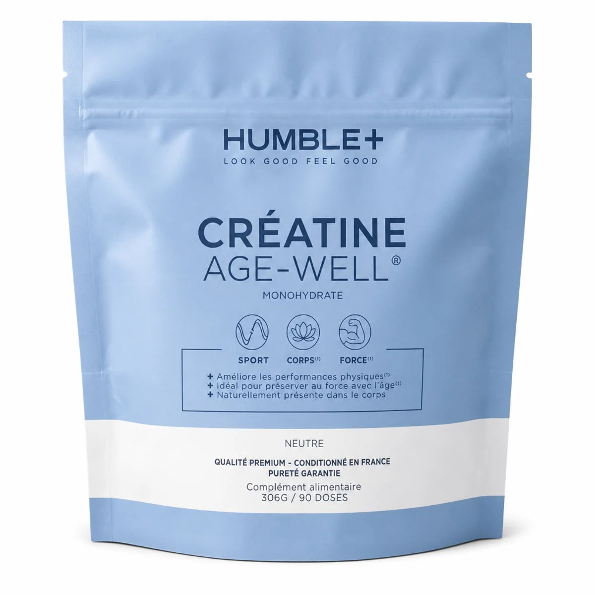 Humble+ Créatine AGE-WELL 300g poudre monohydrate sachet bleu blanc fond blanc